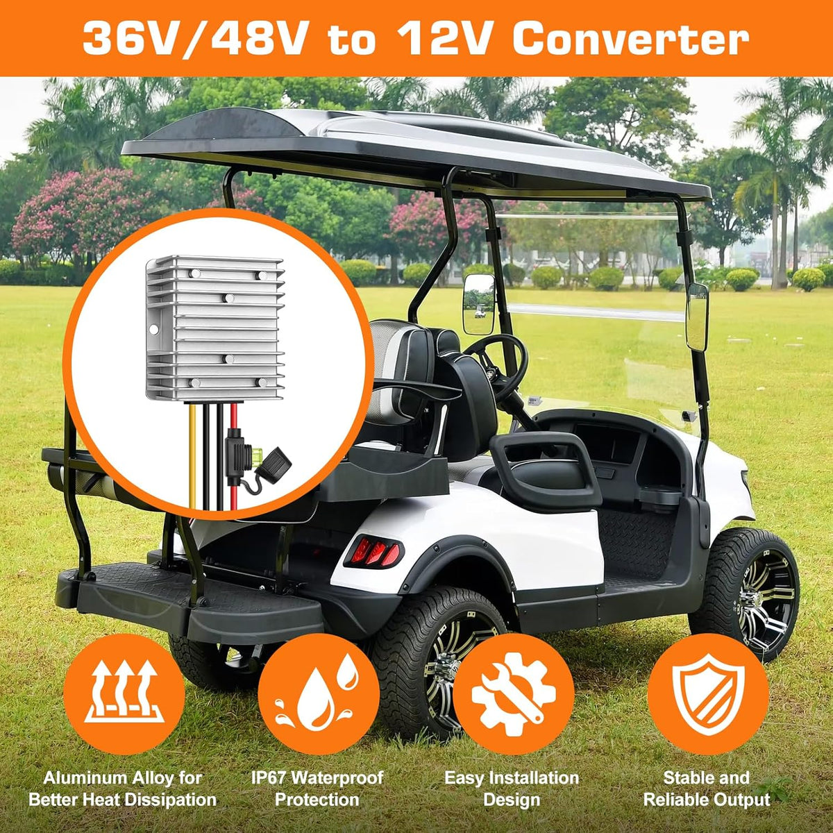 DC 36V/48V to 12V Voltage Converter 10A/15A/20A/30A Step Down Regulator Buck Reducer Power Converter | IP68 Waterproof Transformer for Golf Cart with Fuse | Quick Connect Termina
