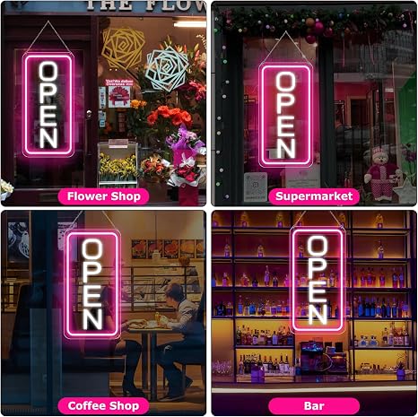 OPEN COB LED Sign – 22.8×11.8 Inch | 12V Powered Pink & White Glow Light | Horizontal & Vertical Style with US Plug for Storefront & Business Decor