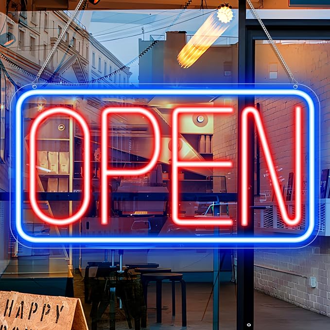 OPEN Silicone Neon Signs – USB Powered | 16×9 inch | Blue + Red Glow | LED Window Hanging Light for Storefronts