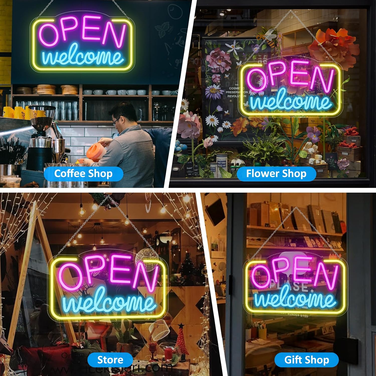 OPEN Welcome LED Silicone Neon Sign – 16×9 Inch (41×23 cm) Horizontal Style | USB Powered Pink, Blue & Yellow Glow Light for Storefront Window & Business Decor