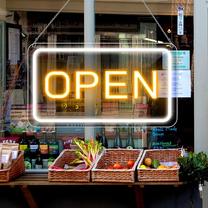 OPEN LED Neon Sign – Rectangular | 4 Glow Color Options | 16×9 / 23×12 inch | Window Hanging | Plug & Play for Storefronts