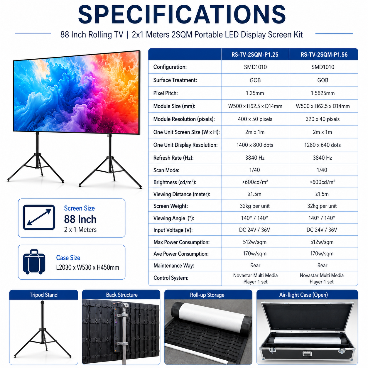 88 Inch Rolling TV P1.25 2x1 Meters 2SQM Portable LED Display Screen Kit