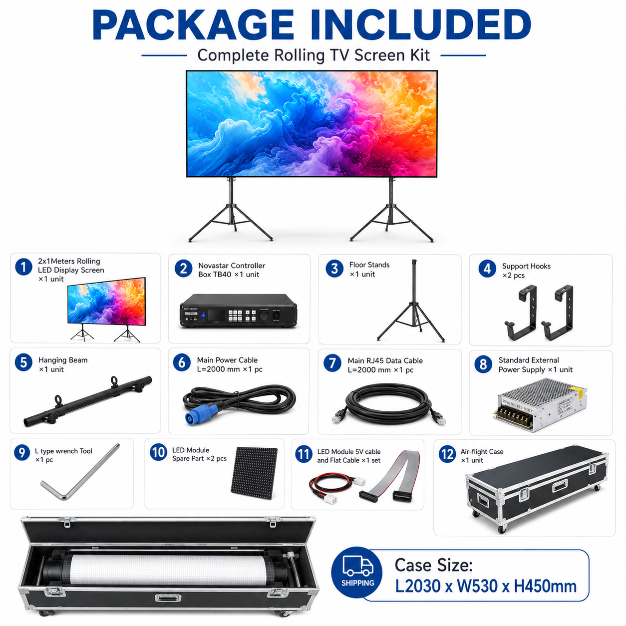 88 Inch Rolling TV P1.562 2x1 Meters 2SQM Portable LED Display Screen Kit
