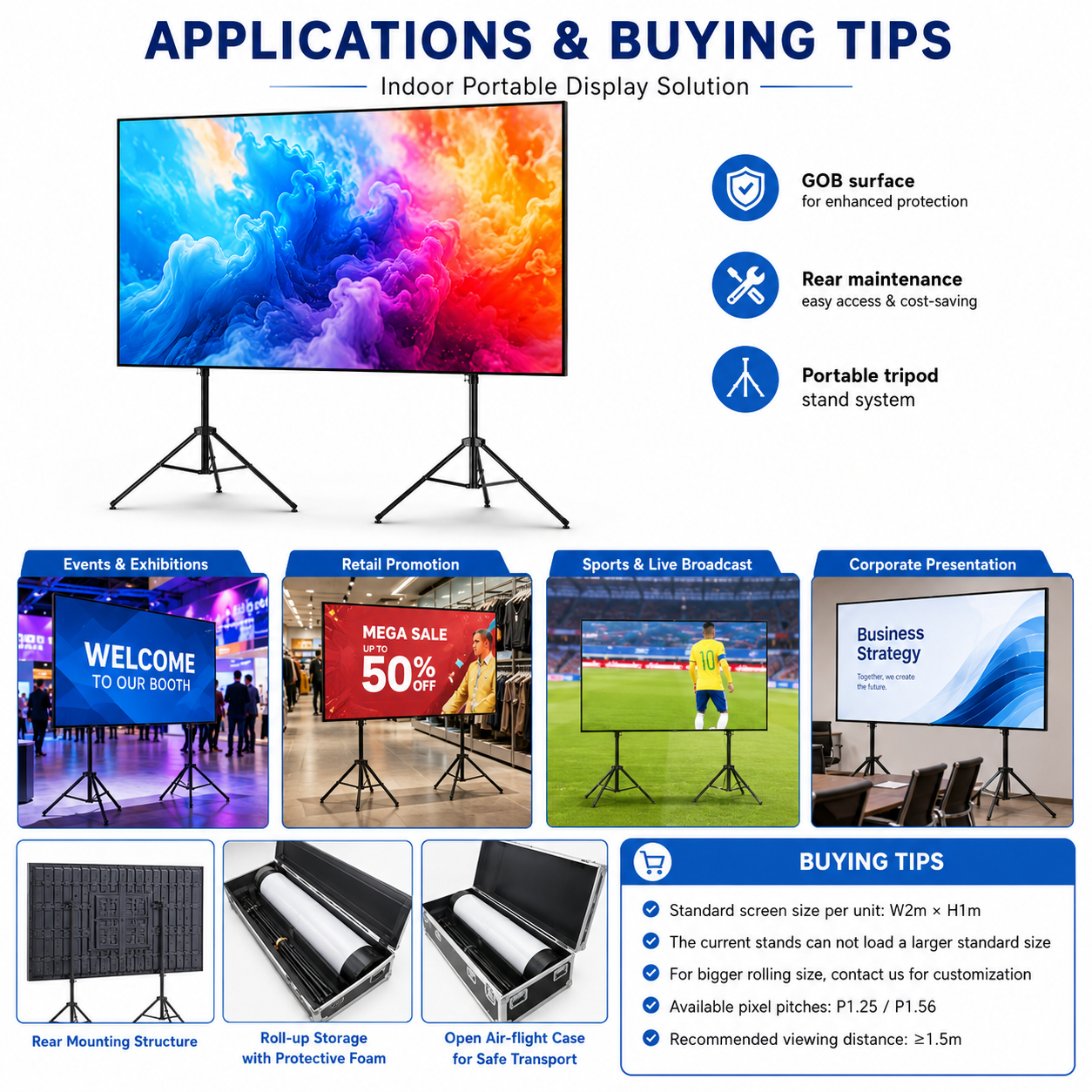 88 Inch Rolling TV P1.562 2x1 Meters 2SQM Portable LED Display Screen Kit