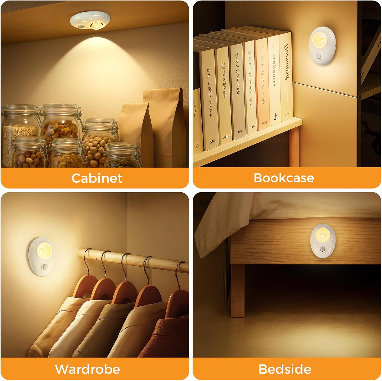 4/6 Pack Rechargeable Pebble LED Closet Light | 1 LED, 3 Color Modes (3000K / 4000K / 6000K) | Motion Sensor, Tap Switch, Dimmable | White Finish | Magnetic Mounting