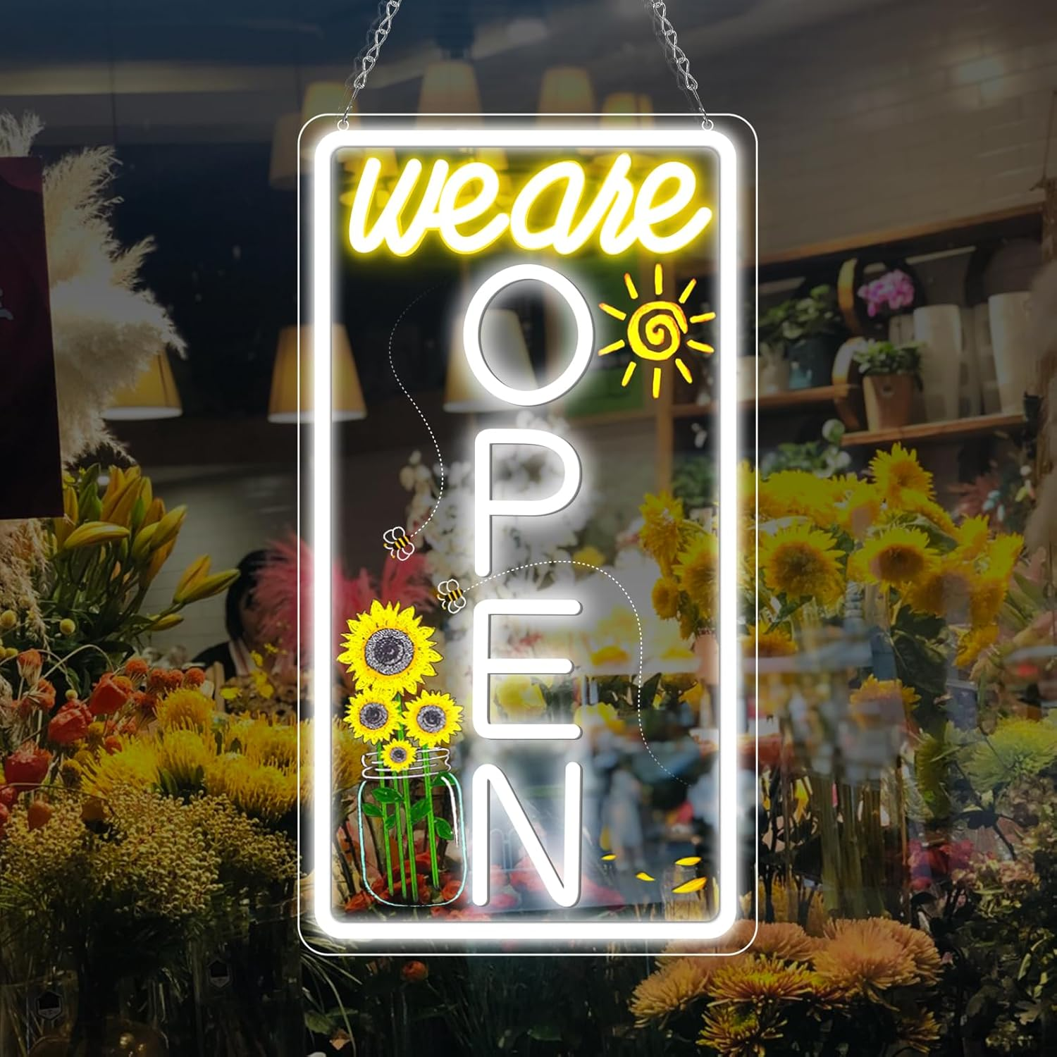 We Are Open Vertical Silicone Neon Signs – Warm White / Neutral White  | 16.5 × 9 inch |Window Hanging | Plug & Play for Storefronts