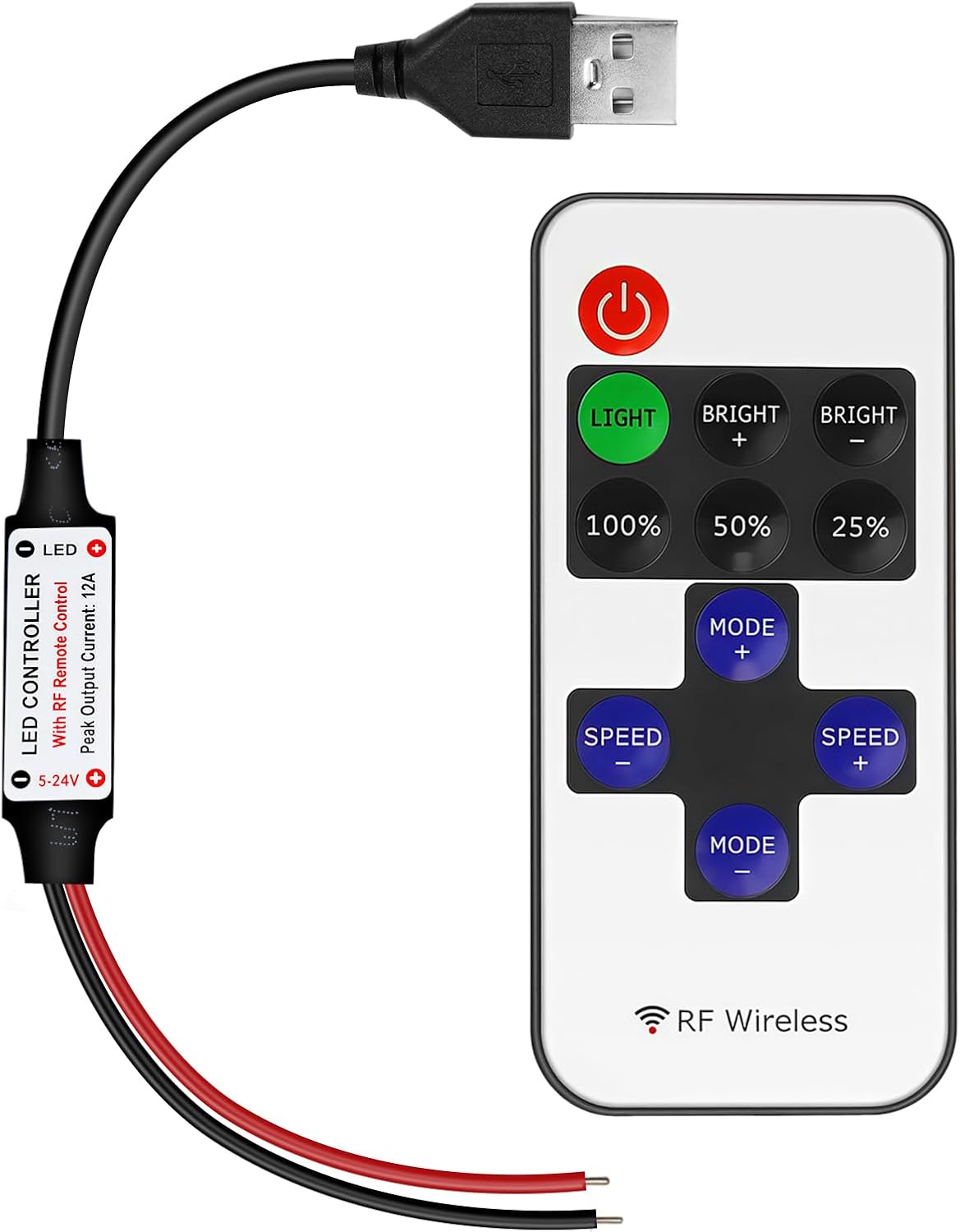 LED Strip Controller – 5V/24V – Black RF Remote with  Dimmer Function | For Single Color 5050/3528 Strips