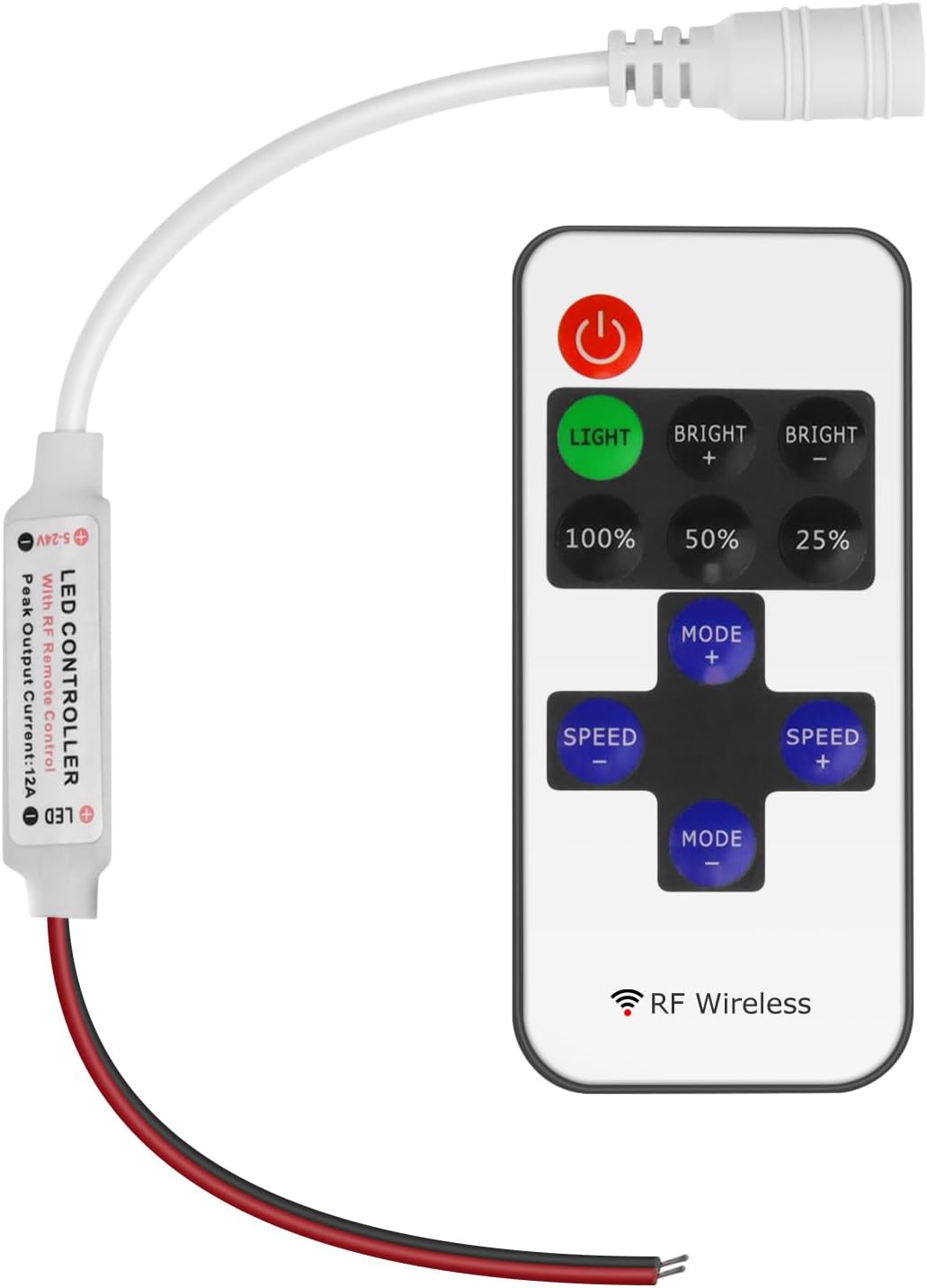 LED Strip Controller – 5V/24V – White RF Remote with Dimmer Function | For Single Color 5050/3528 Strips
