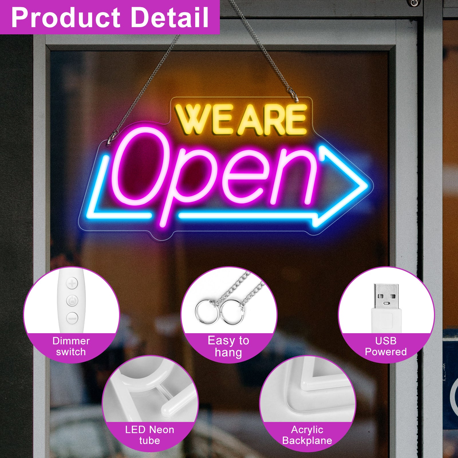WE ARE OPEN Neon Sign – USB Powered | 16×8 inch (41×20 cm) | Arrow Shape LED Window Sign | 3 Color Combos for Storefront Display