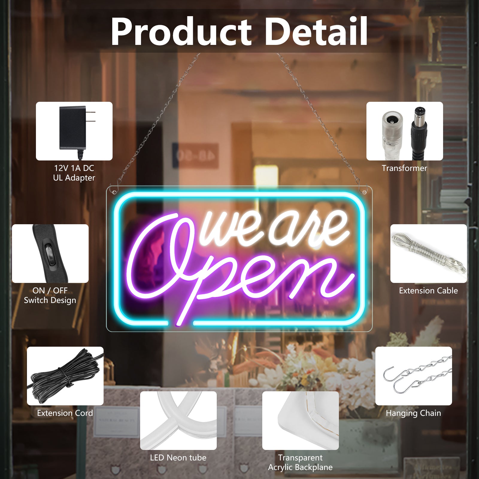 We Are Open Neon Sign – 5 Glow Color Options | 17×9 inch (42×23 cm) | Window Hanging | Plug & Play for Storefronts