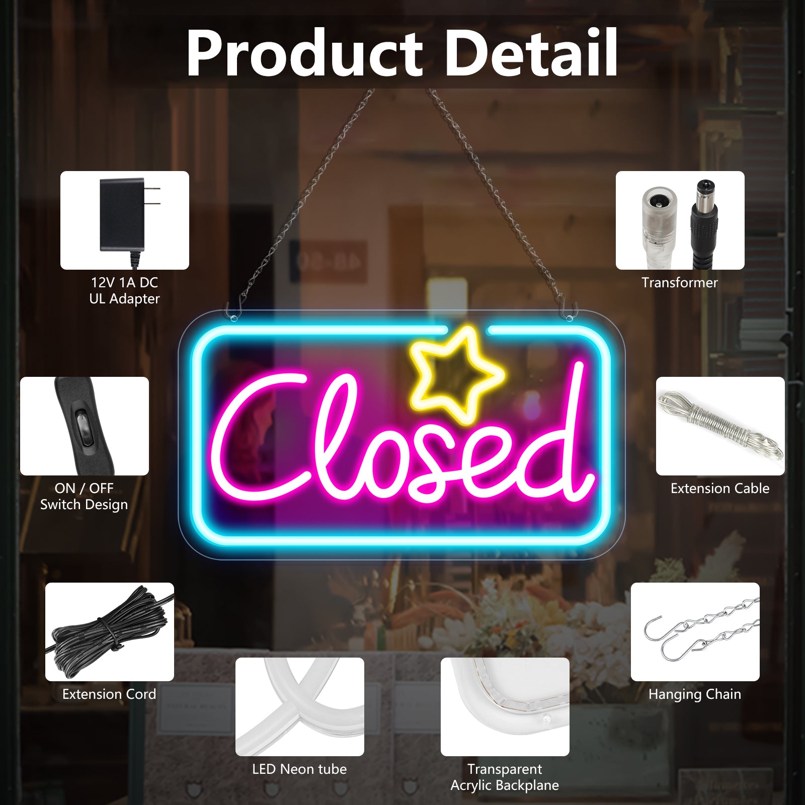 Closed Neon Sign – Ice Blue & Pink Glow + Yellow Star | 17×9 inch (42×23 cm) | Window Hanging  | Plug & Play for Storefronts