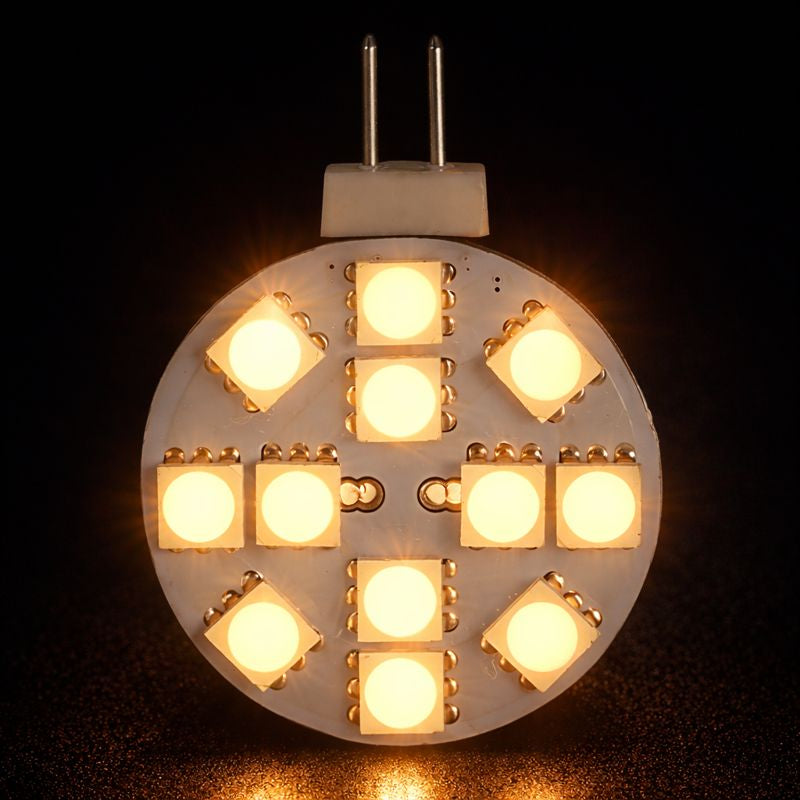 4 Pack 2.2 Watt (25 Watt Equivalent) DC12V Flat Round Wafer Disc Light Bulb G4 Bi-pin base Lamps with 12 pcs Tri-Chip LED SMD5050