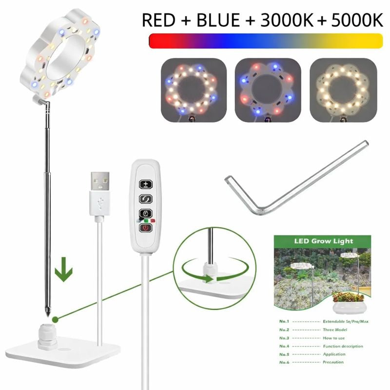 Potted Plants LED Grow Light - 5V | Height Adjustable | Auto On/Off Timer | Full Spectrum | Stake / Desk Base | Dimmable Brightness | Halo Plant Lamp for Indoor Plants Growing | USB Plug | 1 / 2 Pack