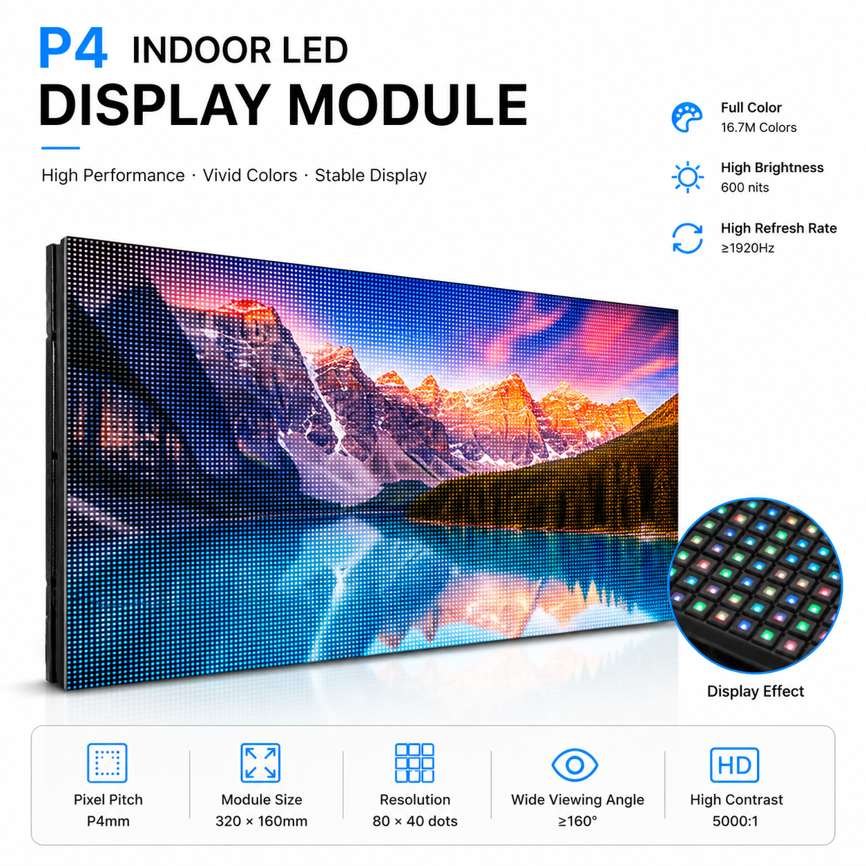 ID-S Series – P4 Indoor LED Display Module | 320×160mm | 3,200 Pixels RGB Tile | Full Color LED Panel | 600nits