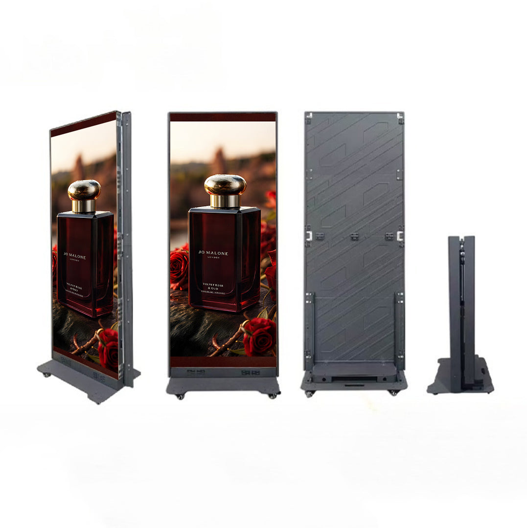 Free-Standing LED Digital Poster, Backward Foldable LED Poster Display with Flip Open Magnetic Frame and GOB Protective IP65 Front Surface in 640x1920mm Large Display Area
