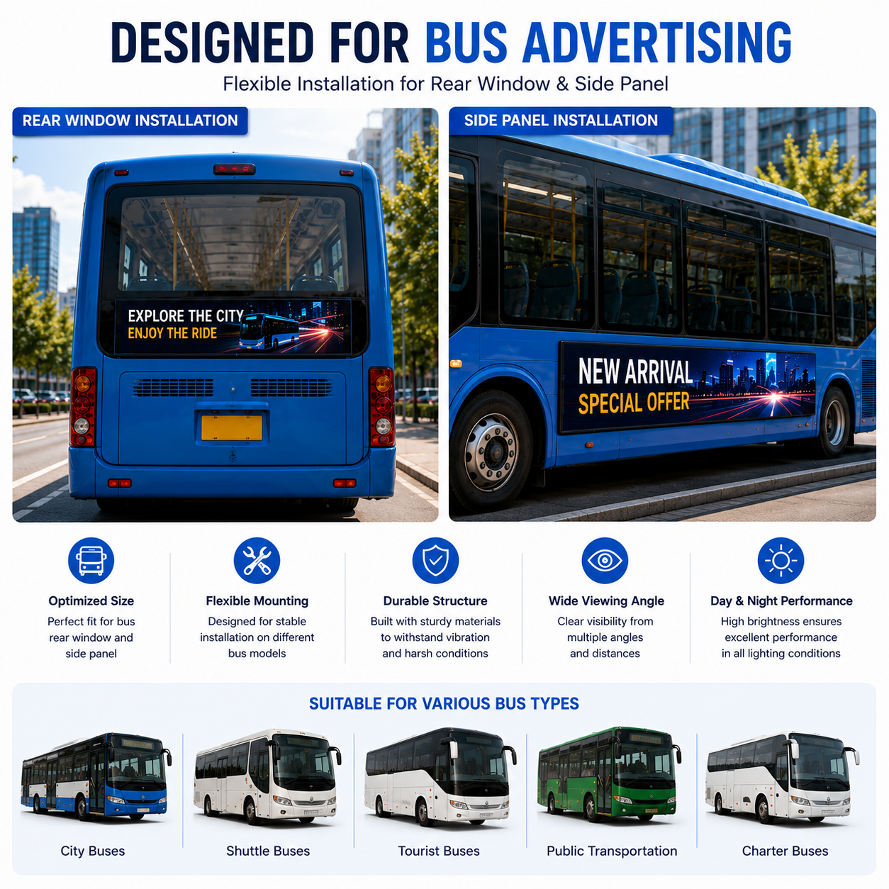 Bus Rear Window & Side LED Advertising Display Screen 4500nits High Brightness, Inside Installation, Network Cluster Control