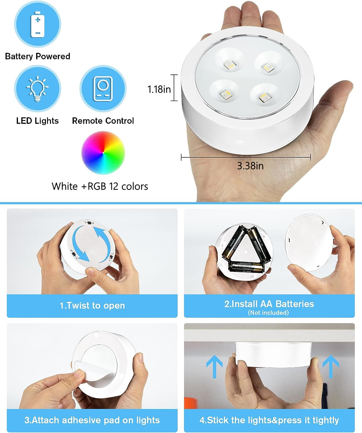 6er-Pack LED-Puck-Leuchten mit Fernbedienung, weißes Finish, RGBW-Farbwechsel-Unterschrankleuchten, kabellos, 13 wechselbare Farben, LED-Schranklicht, dimmbar, AA-Batteriebetrieb, Push-Nachtlichter mit Timerfunktion