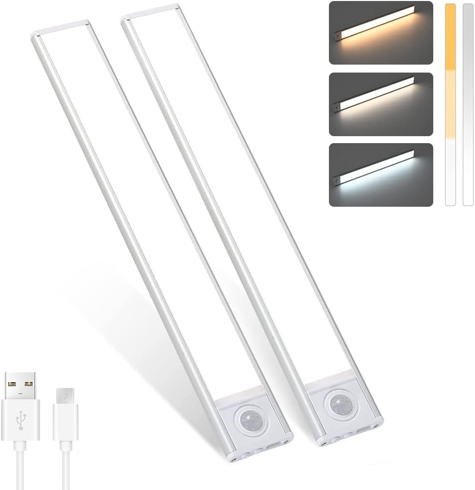 2 Pack PIR Motion Sensor LED Cabinet Light, Under Counter Closet Lighting, Wireless USB Rechargeable Light Indoor, CCT 2700-6500K Color Changeable for Kitchen, Wardrobe, Closet, Hallway