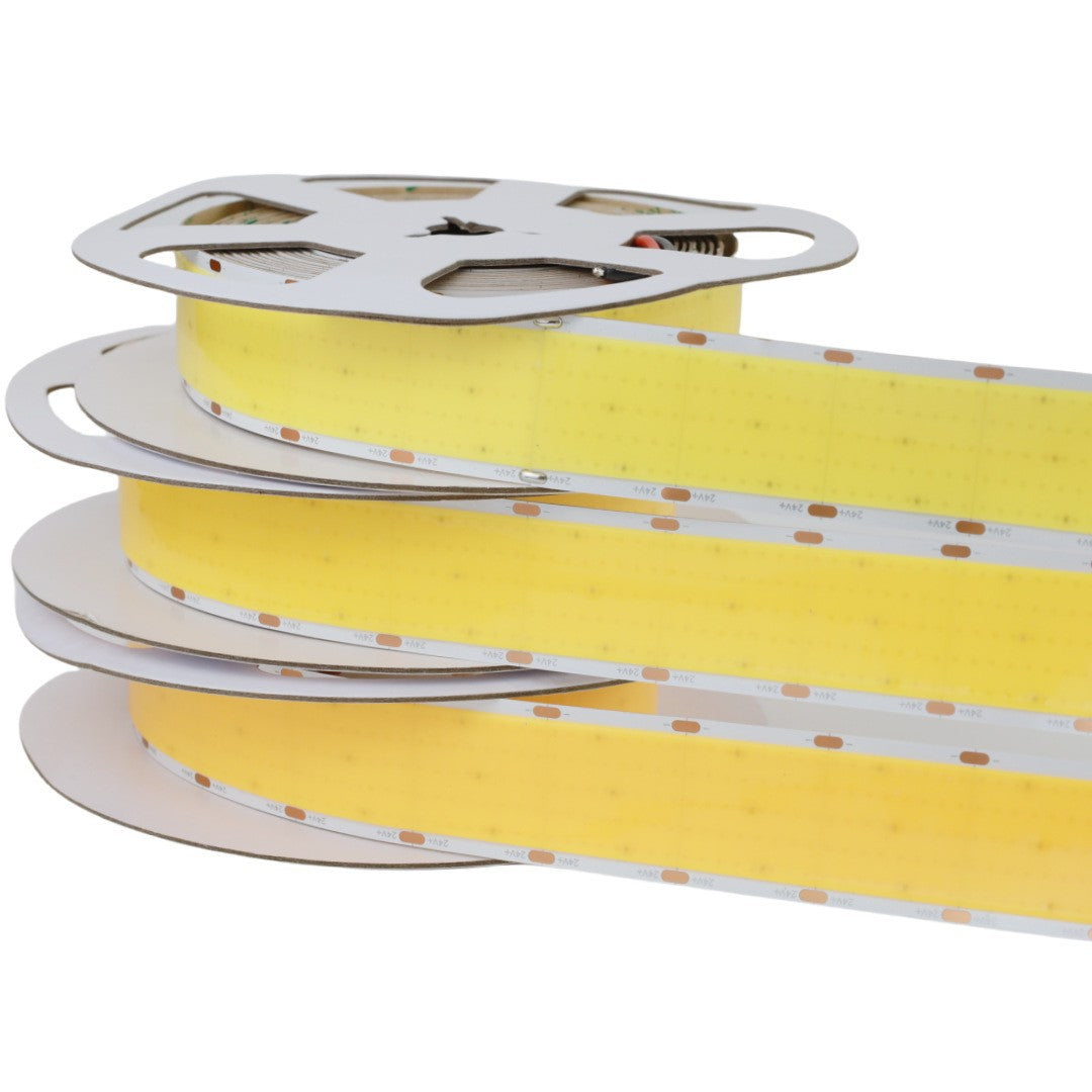 FCOB Ultra High-Density LED Strip Light | 5m (16.4ft) Roll | CRI90 | 3000K / 4000K / 6500K | 1600 LEDs/m | 40W | 24V DC | 30mm Wide | Dimmable Indoor IP00 Ribbon Lighting