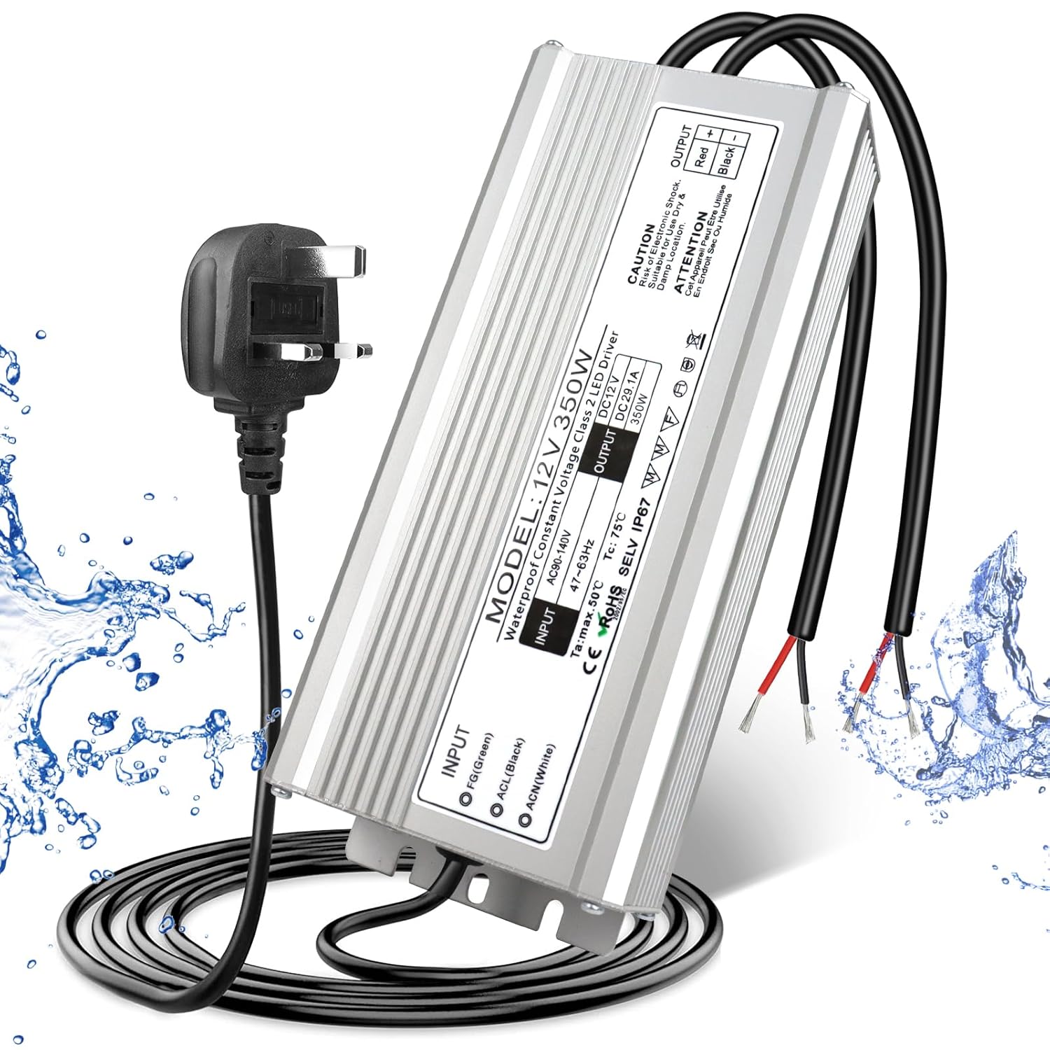 12V Waterproof LED Power Supply, 175–265V Input, 200W–500W, Single/Dual Wire Output, Outdoor LED Driver, CE/RoHS/FCC — UK/EU Plug & Wire Leads Options