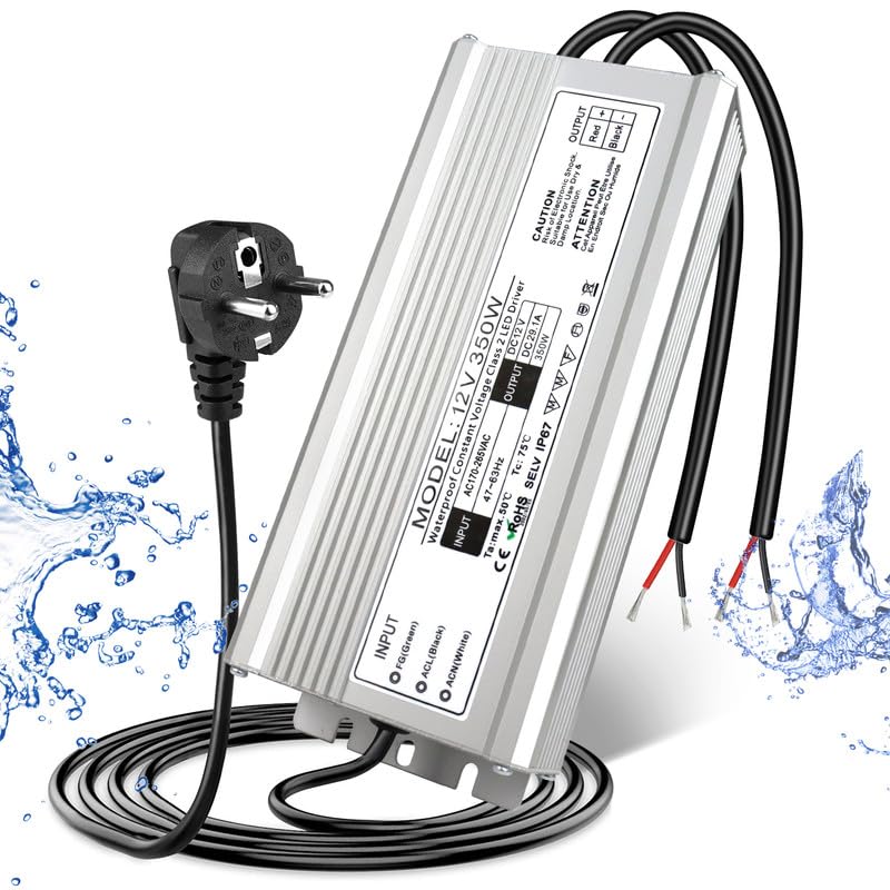 12V Waterproof LED Transformer, 90–140V Input, 200W–500W, Single/Dual Wire Output, CE/RoHS/FCC — US Plug & Wire Leads Options