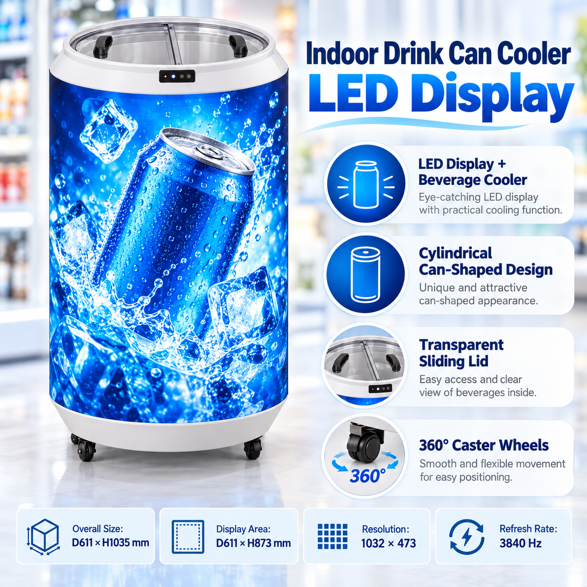 Indoor Drink Can Cooler with Cylindrical LED Display – P1.86 GOB Digital Advertising Screen, Built-In Beverage Refrigerator, 3840Hz
