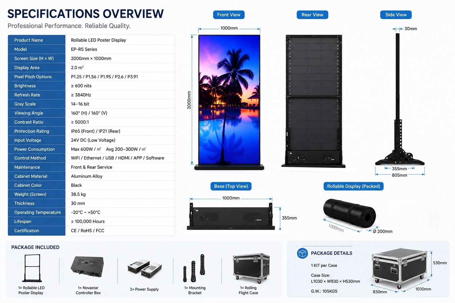 Écran LED enroulable série EP-RS | 1000 × 2000 mm | P2,6 / P1,95 / P1,56 / P1,25 | Léger, flexible et portable | Sur pied avec cadre amovible