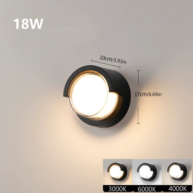Round Halo Waterproof LED Wall Light – 18W | 3000K / 4000K / 6000K |  Black Housing | Up & Down Outdoor Wall Sconce for Porch, Garden, Balcony & Indoor Decoration | Aluminum Housing | IP65 | 2-Pack
