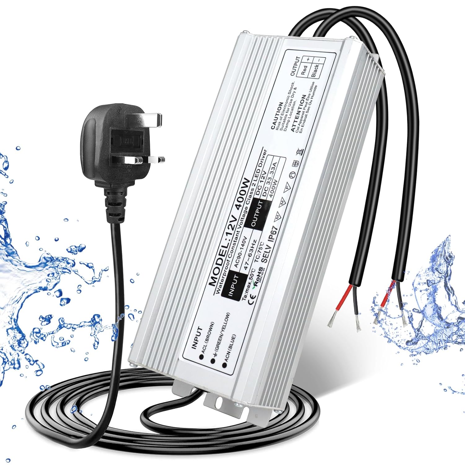 12V Waterproof LED Transformer, 90–140V Input, 200W–500W, Single/Dual Wire Output, CE/RoHS/FCC — US Plug & Wire Leads Options