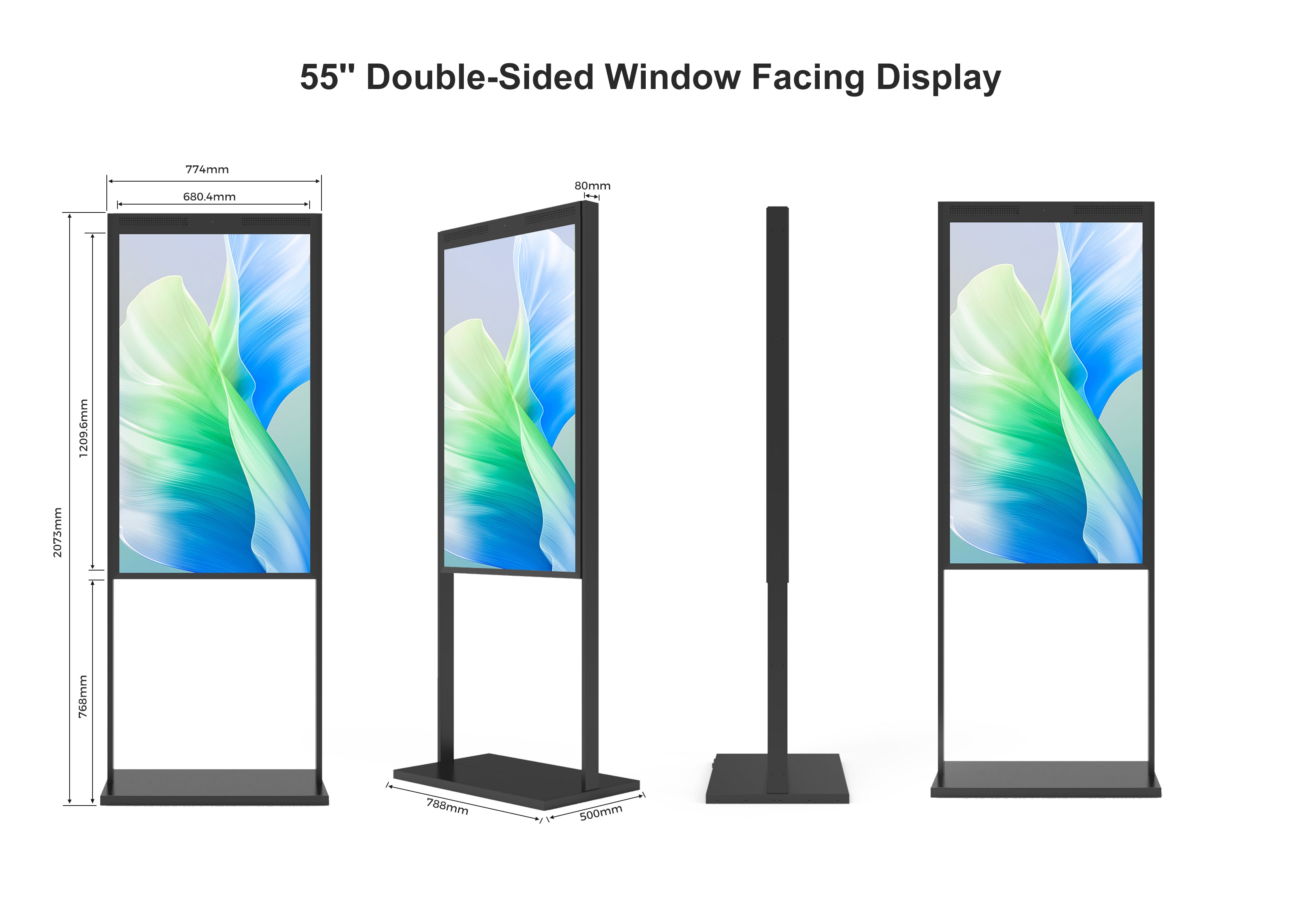 55" doppelseitiges, hochhelles LCD-Fensterdisplay, 2500 Nits vorne + 700 Nits hinten, Android 2+32G, ohne Touch, Cloud/APP/USB, Hänge-/Bodenständer