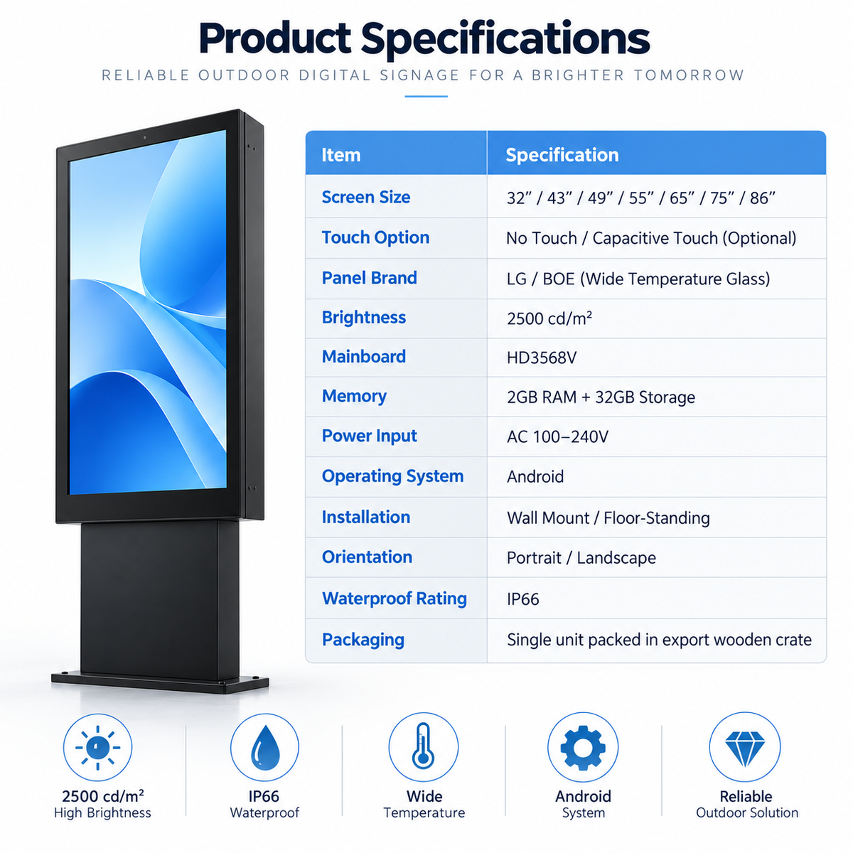 2500-Nit IP66 Outdoor High-Brightness LCD Digital Signage Display | Single Screen | 32–86 Inch | Optical Bonding | Wall-Mount or Floor-Standing | Optional Touchscreen