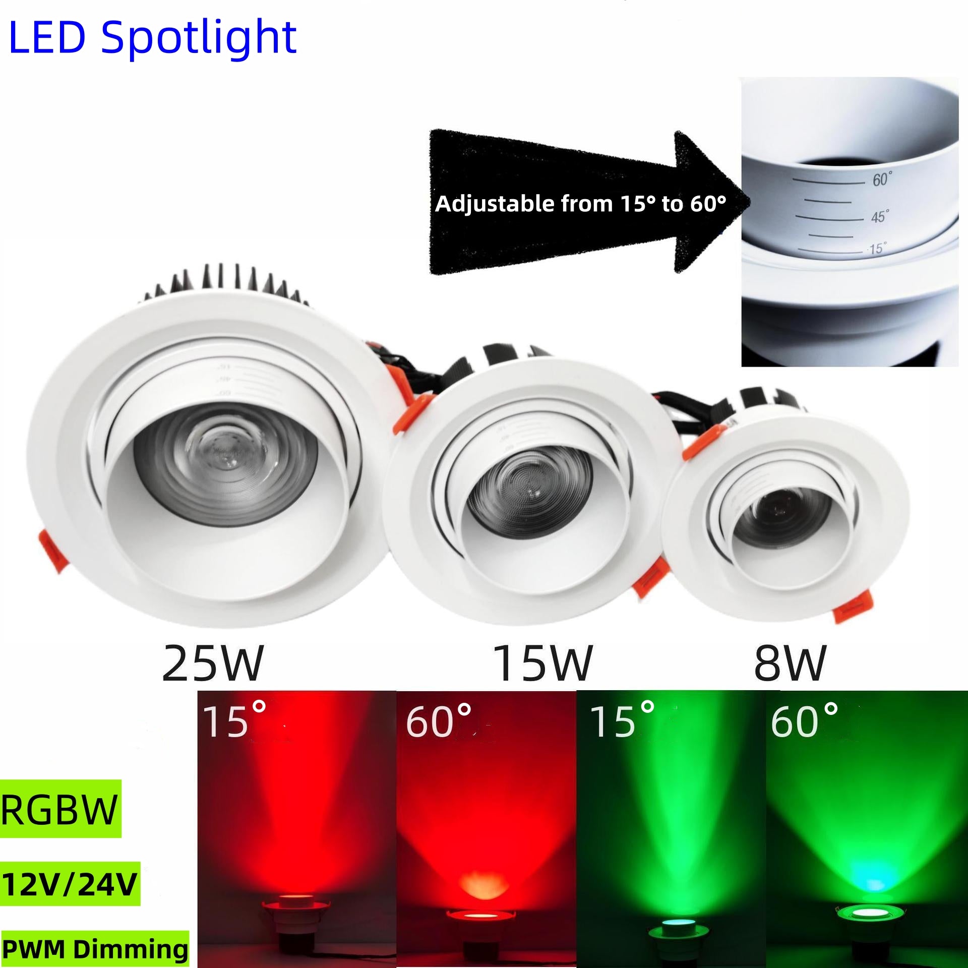 Free Shipping 4 Pack RGBW Super Bright Modern Recessed LED Downlights Adjustable 15°-60°Beam Angle, Ambient Lighting 25W 12V/24V White Round LED Embedded Aluminum Indoor Ceiling Downlight for Hotel，Bar，Dancing Room，Restaurant