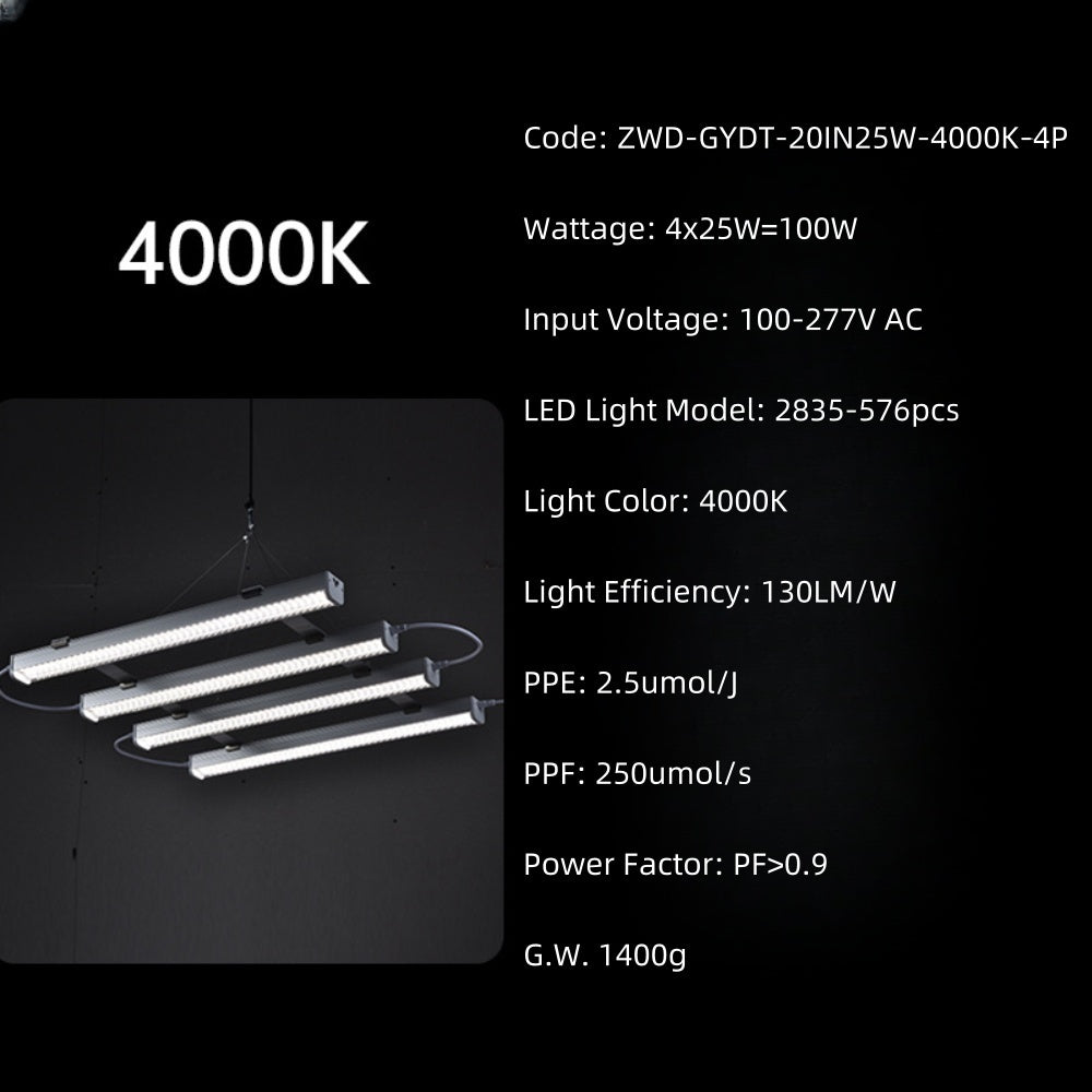 25W Full Spectrum LED Grow Light Bar, 20-Inch, 100–277VAC, 4000K / Sunlight 4-Band / Pink Spectrum Options, for Indoor Plants & Hydroponics