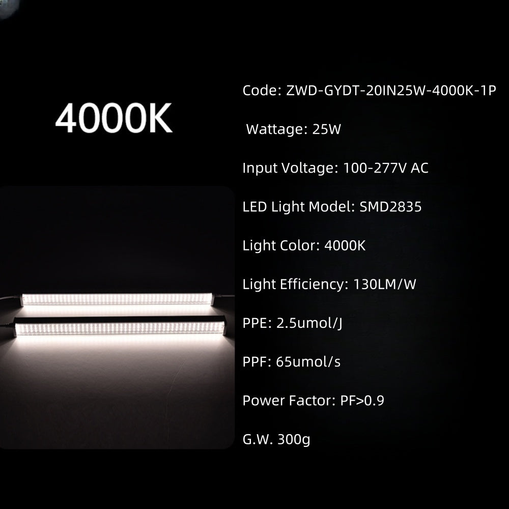 25W Full Spectrum LED Grow Light Bar, 20-Inch, 100–277VAC, 4000K / Sunlight 4-Band / Pink Spectrum Options, for Indoor Plants & Hydroponics