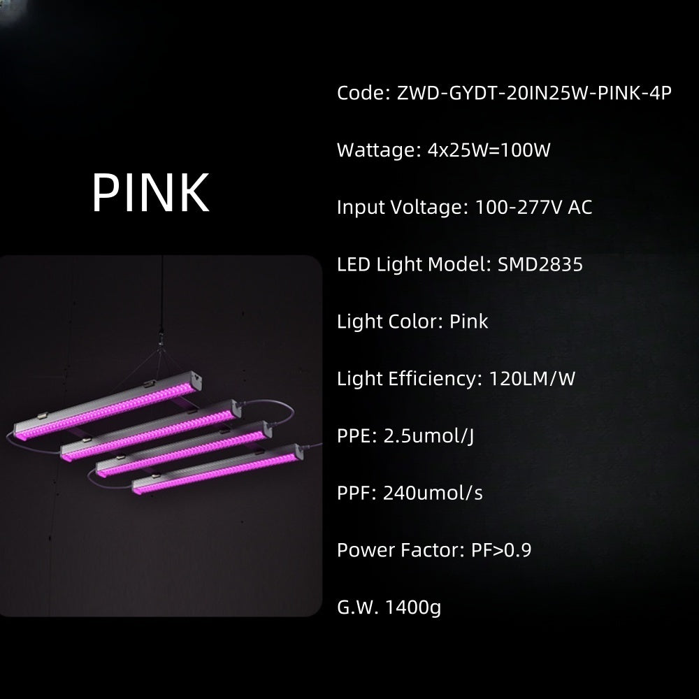 25W Full Spectrum LED Grow Light Bar, 20-Inch, 100–277VAC, 4000K / Sunlight 4-Band / Pink Spectrum Options, for Indoor Plants & Hydroponics