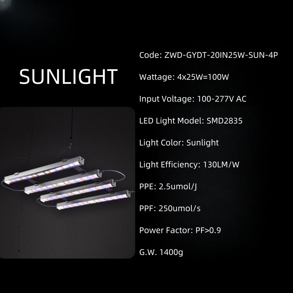 25W Full Spectrum LED Grow Light Bar, 20-Inch, 100–277VAC, 4000K / Sunlight 4-Band / Pink Spectrum Options, for Indoor Plants & Hydroponics