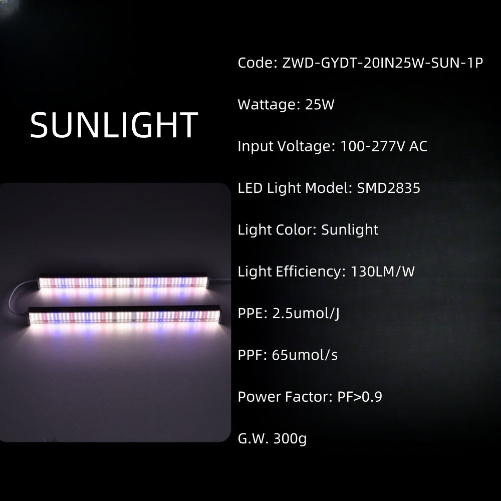 25W Full Spectrum LED Grow Light Bar, 20-Inch, 100–277VAC, 4000K / Sunlight 4-Band / Pink Spectrum Options, for Indoor Plants & Hydroponics