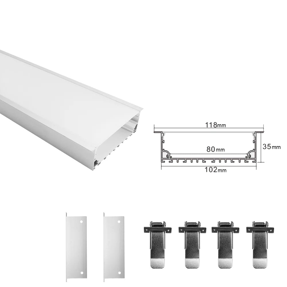 Wide Recessed LED Aluminum Channel H10235B – 80mm Inner Width | Silver | Milky White Cover | With Installation Accessories | – Flush Mounting Linear Office Lighting – 1m / 2m | 10 / 20-Pack