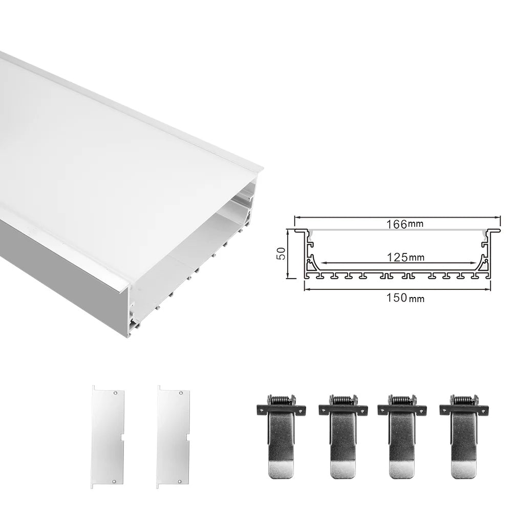 Wide Recessed LED Aluminum Channel H15050B – 125mm Inner Width | Silver | Milky White Cover | With Installation Accessories | – Flush Mounting Linear Office Lighting – 1m / 2m | 10 / 20-Pack