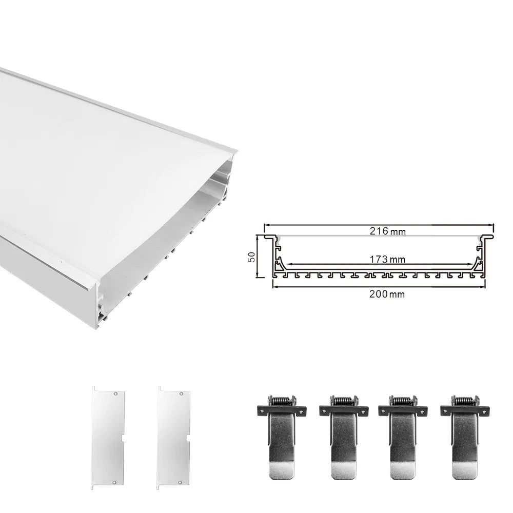 Wide Recessed LED Aluminum Channel H20050B – 173mm Inner Width | Silver | Milky White Cover | With Installation Accessories | – Flush Mounting Linear Office Lighting – 1m / 2m | 10 / 20-Pack