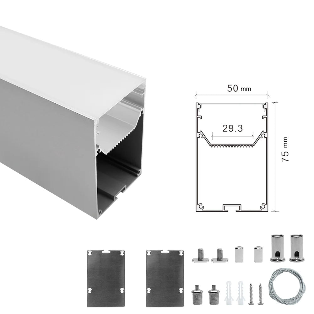 Wide Pendant LED Aluminum Channel H5075B – 29.3mm Inner Width | Silver | Milky White Cover | With Installation Accessories | – Suspension Mounting Linear Office Lighting – 1m / 2m | 10 / 20-Pack