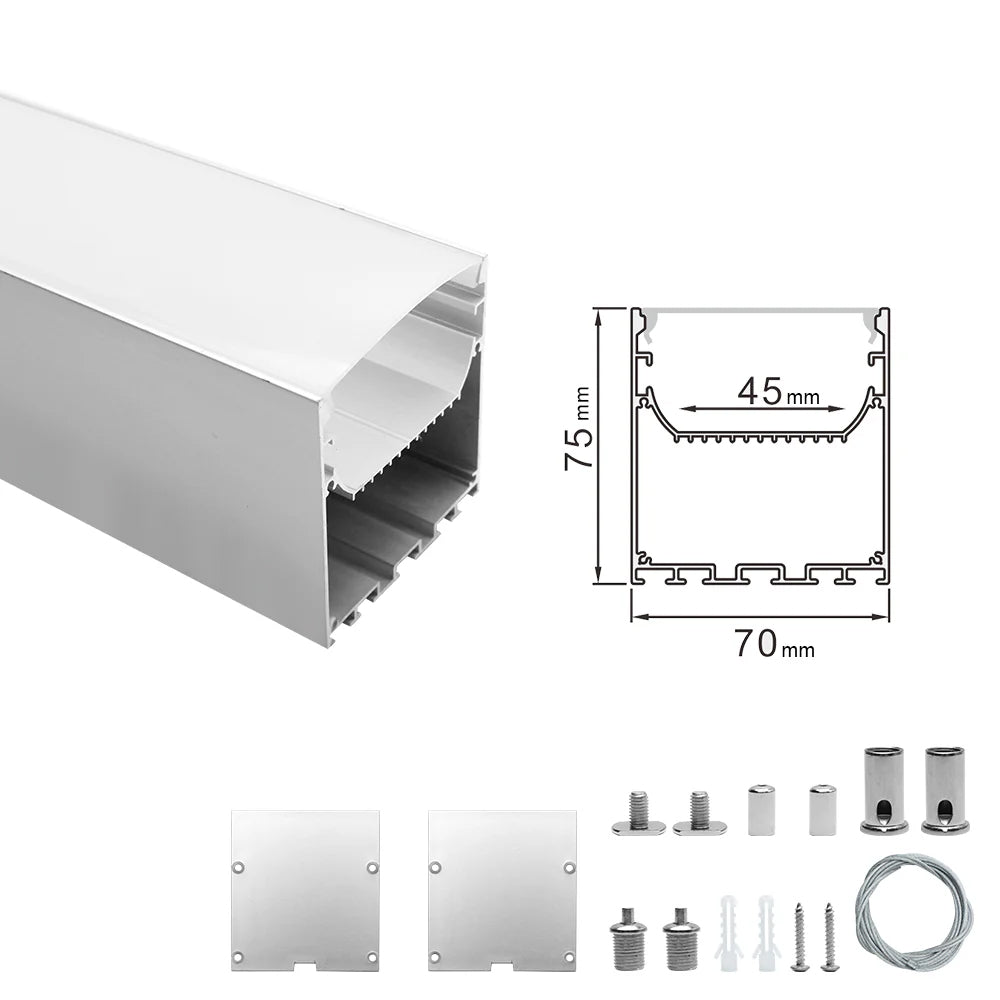 Wide Pendant LED Aluminum Channel H7075B – 45mm Inner Width | Silver | Milky White Cover | With Installation Accessories | – Suspension Mounting Linear Office Lighting – 1m / 2m | 10 / 20-Pack