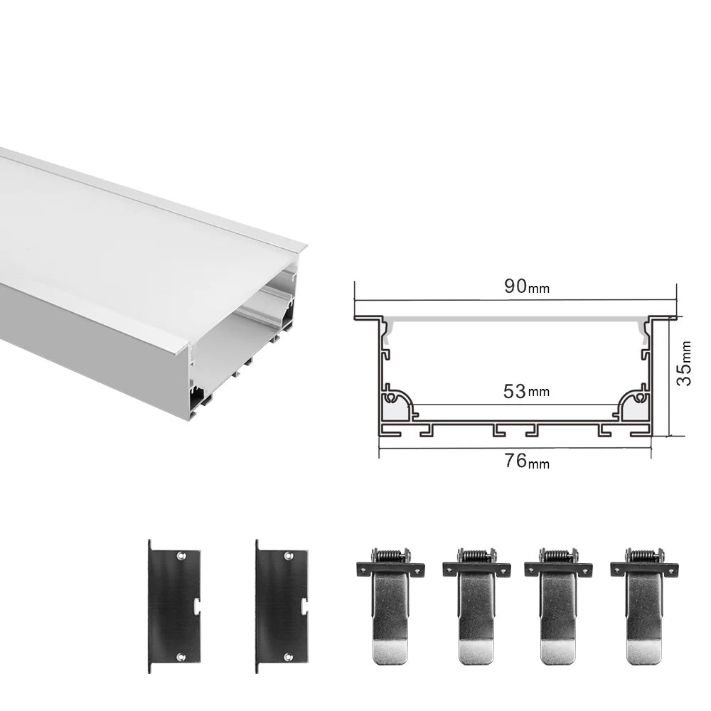 Wide Recessed LED Aluminum Channel H7635AB – 53mm Inner Width | Silver | Milky White Cover | With Installation Accessories | – Flush Mounting Linear Office Lighting – 1m / 2m | 10 / 20-Pack