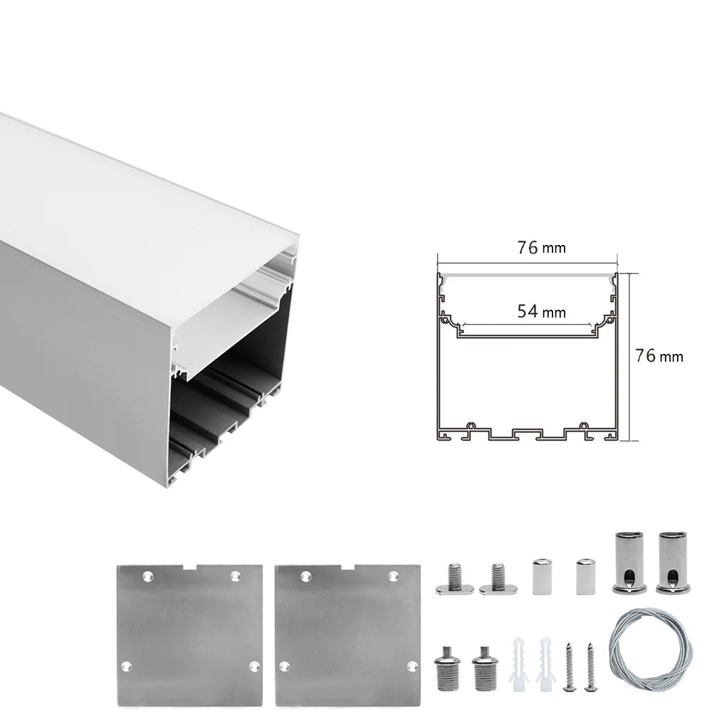 Wide Pendant LED Aluminum Channel H7676B – 54mm Inner Width | Silver | Milky White Cover | With Installation Accessories | – Suspension Mounting Linear Office Lighting – 1m / 2m | 10 / 20-Pack