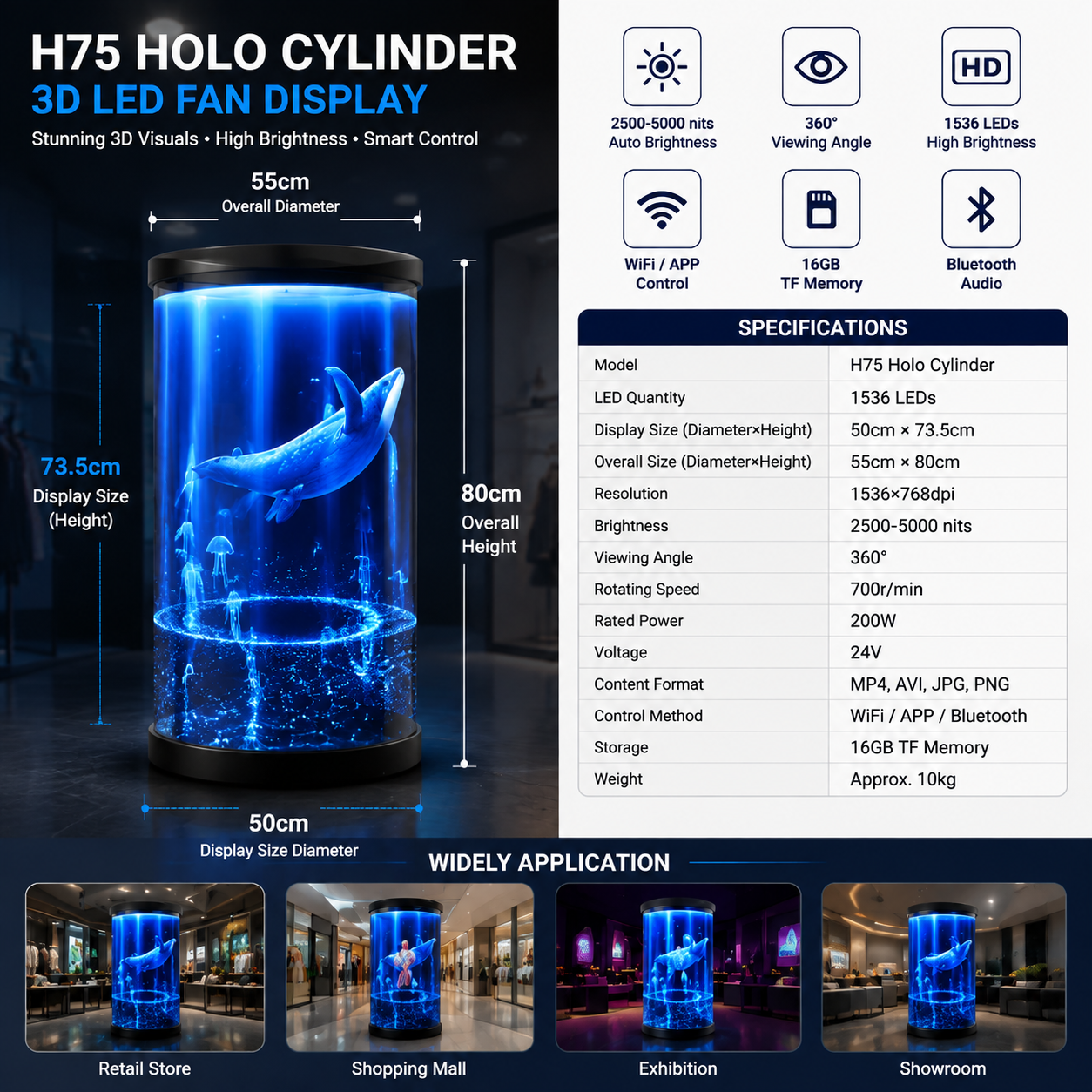 Ventilateur holographique 3D de 43 cm contrôlé par application Wi-Fi, livraison gratuite