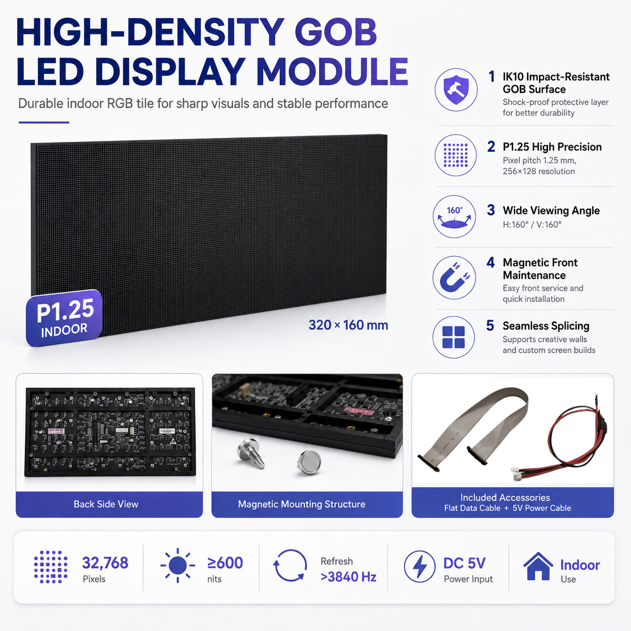 ID-G Series – P1.25 GOB Indoor LED Display Module | 320×160mm | 32,768 Pixels RGB Tile | High-Density Impact-Resistant Panel