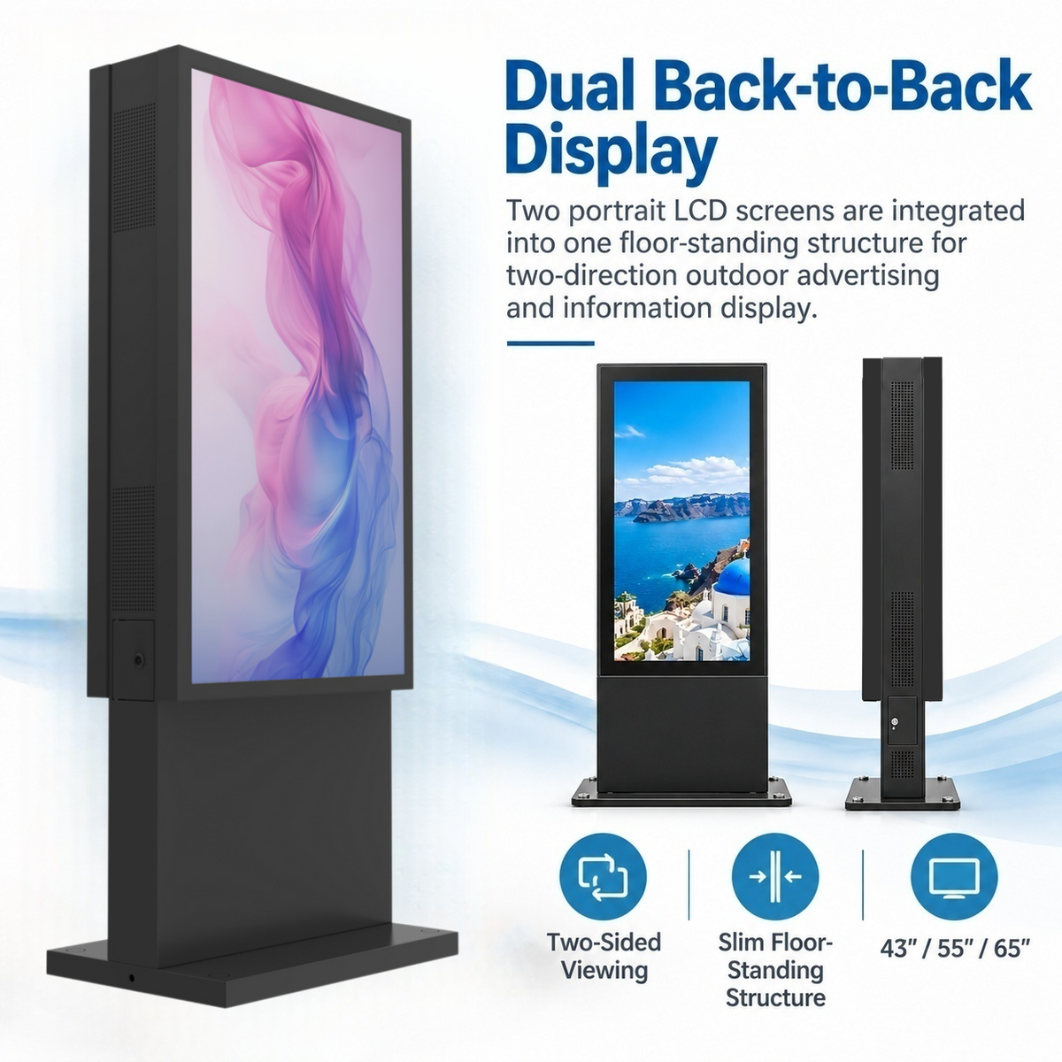 Outdoor Dual-Sided LCD Digital Signage – Back-to-Back Floor-Standing Display, 2500 Nits, IP66 Waterproof, Full Optical Bonding, 43"/55"/65"