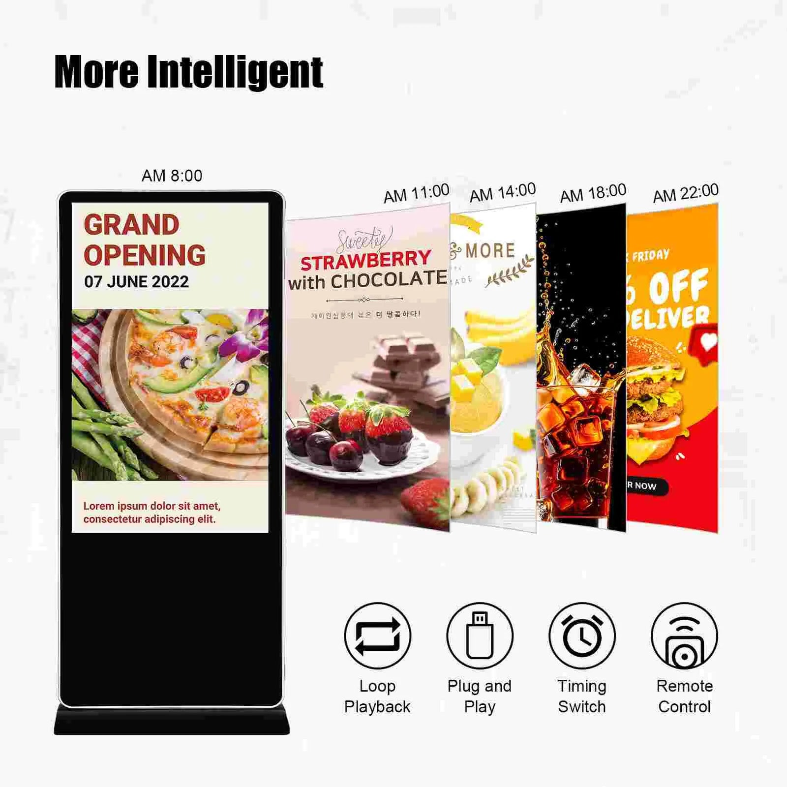 65'' LCD Digital Signage, Free Standing LCD Digital Poster Kiosk, No Touch, Single Sided, Android OS, Caster Wheels