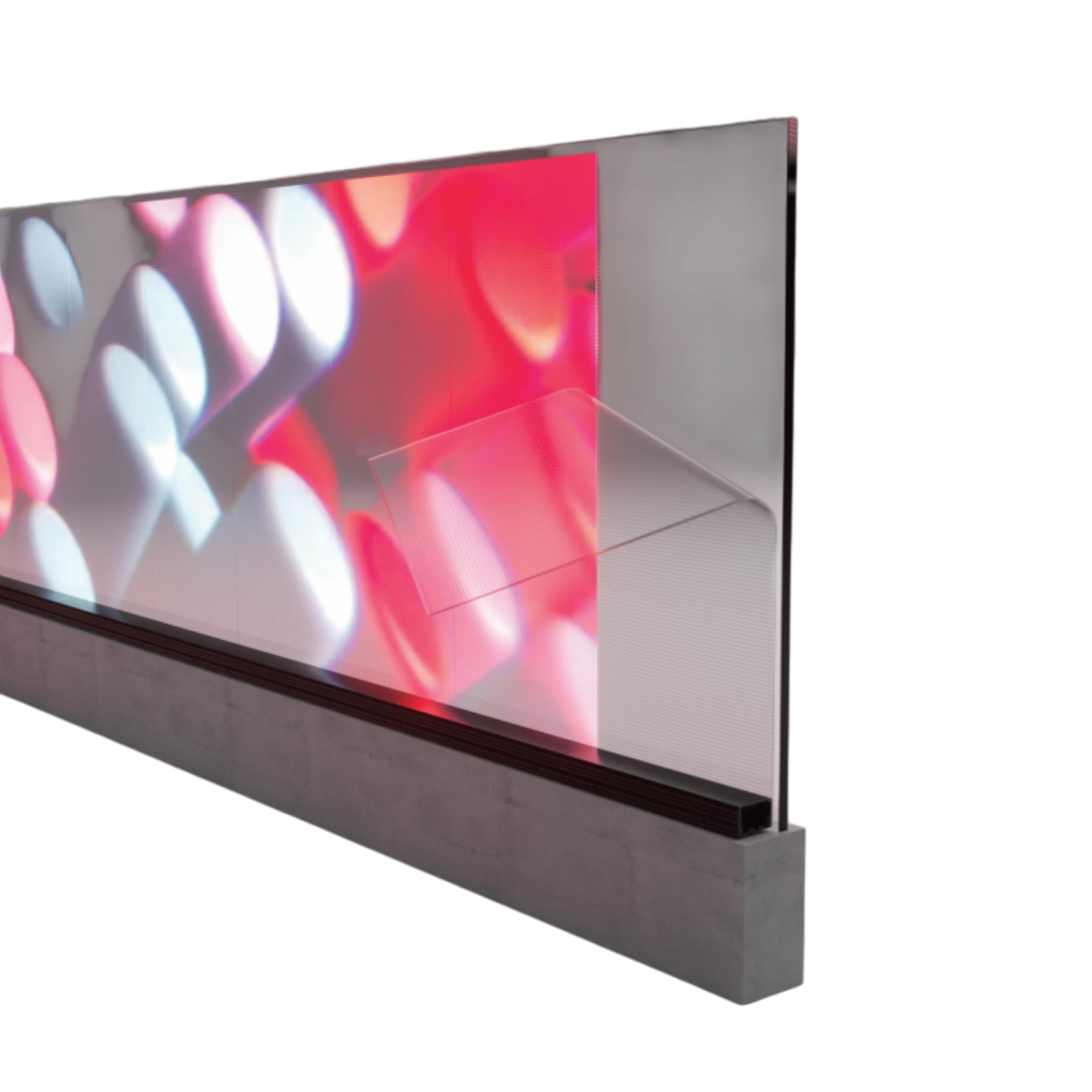 Schlanke, transparente P5-LED-Klebefolie – 320 × 1000 mm (12,60 × 39,37 Zoll) | 2500 Nits | 90 % Transparenz, Glasaufkleber für Einzelhandelsfassaden und Displays in Einkaufszentren | Mehrere Kit-Optionen | Plug &amp; Play