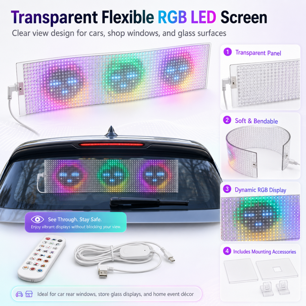 Transparent Flexible LED Matrix Panel – 64x16 RGB Pixel Smart Programmable LED Scrolling Sign LED Display for Car Rear Window & Store Glass